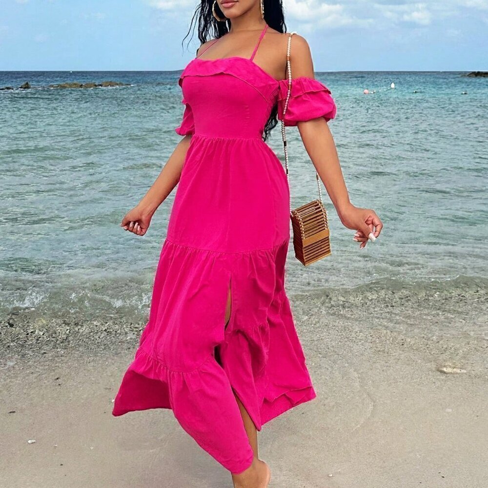 Pink Boho Women's Off-Shoulder Halter Belted Dress - Picture 5 of 5